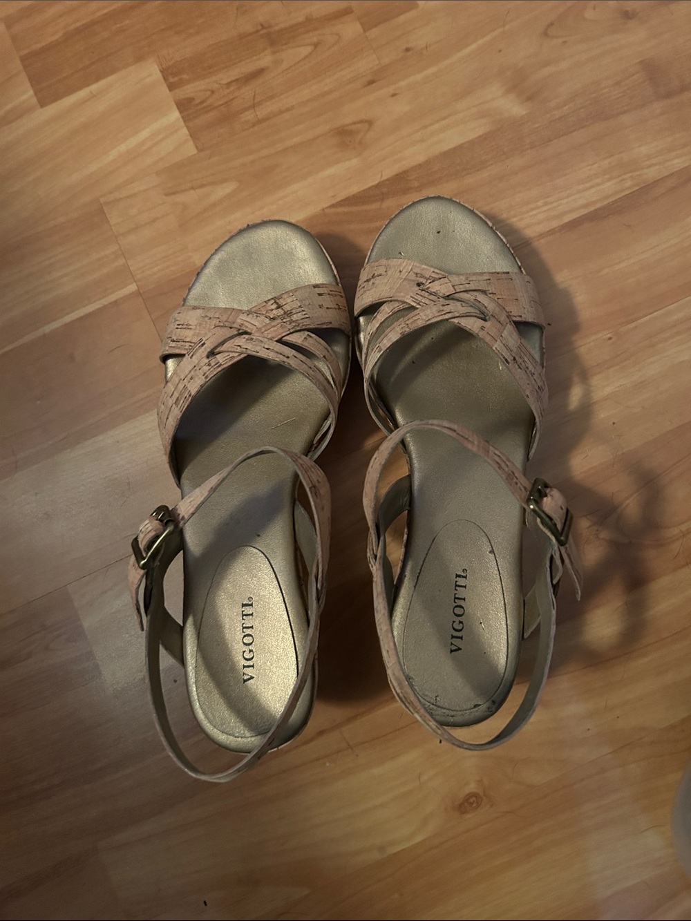 Vigotti Cork-Pattern Crossband Wedge Sandals in Beige